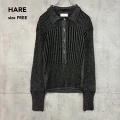 美品 HARE ハレ F ラメ リブ ニット カーディガン 襟付きシャツ ボタン 前開き 羽織り トップス カットソー ストレッチ スリット ストライプ 縦縞 切り替え 細見え モード カジュアル ブラック ラメ 黒系 古着 ★ ■◇ ★ ◇■のサムネイル