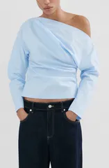 マンゴ レディース トップス シャツ アシンメトリー MANGO Asymmetric Long Sleeve Woven Shirt Blue ブルーのサムネイル