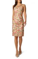 アドリアナ パペル レディース トップス ワンピース フラワー柄 刺繍 フラワー Adrianna Papell Floral Embroidered Illusion Sheath Dress Coral Multi コーラル