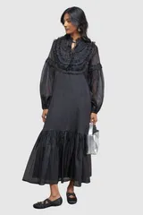 ウエアハウス レディース トップス ワンピース ミディ Warehouse Crinkle Stripe Frill Midi Dress Black ブラックのサムネイル