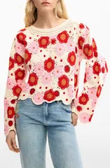 デジグアル レディース アウター パーカー・スウェット フラワー柄 セーター コットン フラワー Desigual Floral Cotton Blend Crochet Sweater Off Whのサムネイル