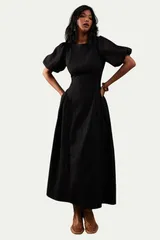 ウエアハウス レディース トップス ワンピース ミディ Warehouseersucker Puff Sleeve Midi Dress Black ブラックのサムネイル