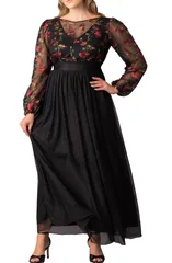キヨナ レディース トップス ワンピース フラワー柄 メッシュ 刺繍 エンパイア フラワー Kiyonna Floral Embroidered Long Sleevempire Waist Mesh Gown Floral Flare