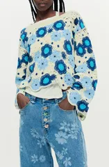 デジグアル レディース アウター パーカー・スウェット フラワー柄 セーター フラワー Desigual Open Stitch Floral Sweater Blue ブルーのサムネイル