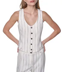 ダナキャラン レディース アウター ベスト Vネック ノースリーブ リネン DKNY by Donna Karan Coordinating Linen Blend Heavy Top Stitchのサムネイル