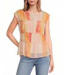 エラン レディース トップス シャツ ティアード キャップ ELAN Woven Stripe Boat Neck Cap Sleeve Gathered Tiered Top Coral Strovのサムネイル