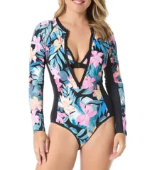 ビーチハウス レディース トップス ワンピース フラワー柄 フラワー Beachouse Wild Calypso Tropical Floralong Sleeve Rashguard One Piece Swimsuit Black ブラック