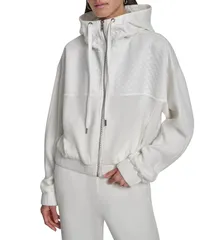ダナキャラン レディース アウター コート ジャケット DKNY by Donna Karan Hacci Mare Mixed Media Hooded Zip Front Jacket Ivoryのサムネイル