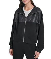 ダナキャラン レディース アウター コート ジャケット DKNY by Donna Karan Hacci Mare Mixed Media Hooded Zip Front Jacket Blackのサムネイル
