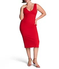 スパンク レディース トップス ワンピース ミディ ノースリーブ Spanx Sleeveless VNeckline Ponte Midi Dresspanx Red レッドのサムネイル