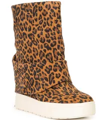 ゲス レディース シューズ ブーツ・レインブーツ Guess Womens Guinna Leopard FoldOver Wedge Booties Medium Brown ブラウンのサムネイル