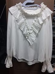frill collar ribbon blouse ブラウス アイスブルー | Mercari