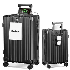 [SupTrip] スーツケース 機内持ち込み 多機能 キャリーケース 大型 超軽量 キャリーバッグ 耐衝撃 USBポート付き カップホルダー付き 充電機能 荷物フック 隠しフック機能 静音 ダブルキャスター 360度回転 修学 泊まる 旅行 出張 (ブラ 1のサムネイル