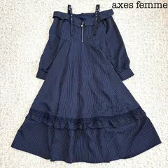 axes femme アクシーズファム オフショル風ワンピース ストライプ 長袖 フリル レース ネイビー