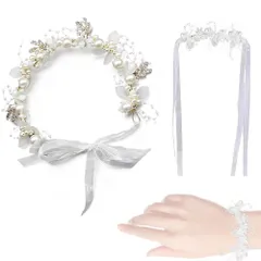 フラワー ヘアアクセサリー 子供 成人式髪飾り ティアラ 子供用 森系ホワイト花冠ヘッドバンド＆パール手首バンド 結婚式 発表会 卒業式 入学式