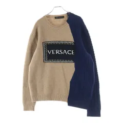 GIANNI VERSACE (ジャンニ ヴェルサーチ) ロゴジャガード クルーネック ウール 長袖ニット セーター ベージュ/ネイビーのサムネイル