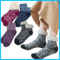 【新着商品】冷え取り 発熱 可愛い 防寒 モコモコ 滑り止め付き 暖かい 保温力 ルーム靴下 極厚 裏起毛 消臭抗菌22-25CM レディースソックス 4足組」冬