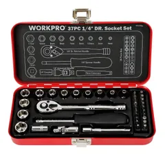 【新品】WORKPRO ソケットレンチセット ガレージツールセット ラチェットレンチ 差込角6.35mm（1/4インチ） クイックリリースラチェットハンドル 工具 道具 セット 37点組【鉄製ケース付属】 c100edea
