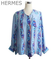 エルメス HERMES シルクブラウス 長袖 馬柄 乗馬柄 アイボリー ブルー 