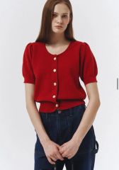Sezane 半袖 カーディガン コーラル レッド オーガニックコットン