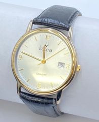 稼動品【美品 スイス製】BULOVA 音叉ロゴ ラウンド 腕時計 ゴールド 