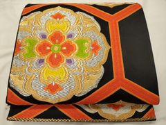 平和屋着物◎六通柄袋帯　唐織　亀甲正倉院花文　黒地　金銀糸　正絹　逸品　CABG5945oy
