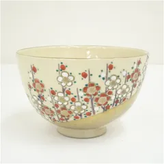 京焼　川添寿楽造　色絵槍梅茶碗  茶道 抹茶 おしゃれ 抹茶茶碗 抹茶碗 和食器 レトロ 茶器 骨董 茶わん 茶会 茶の湯 2月 1月 冬