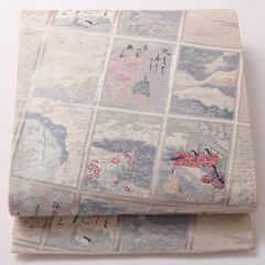 美品 正絹 作り帯 遊び心あふれる　スケッチ風草花文様　二部式 袋帯 グレー 刺繍 美品 正絹 作り帯 遊び心あふれる スケッチ風草花文様 二部式 袋帯