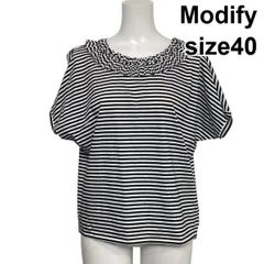 ◇ モディファイ Modify ボーダーカットソー Tシャツ 半袖 ドルマンスリーブ シャーリング 白 黒 コットン100 40 L 11号 レディース S6E429のサムネイル