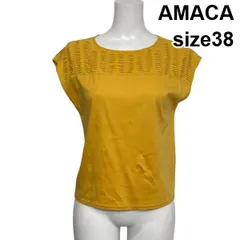 ◇ アマカ AMACA フレンチスリーブカットソー Tシャツ 半袖 シャーリング ラウンドネック マスタード 綿100％ 38 M 9号 レディース S6E433のサムネイル