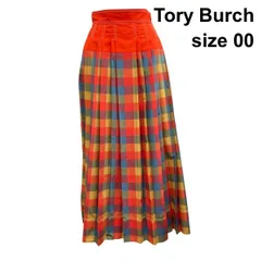 ◇ トリーバーチ Tory Burch プリーツスカート ロング ハイウエスト 切替 サイドスリット チェック オレンジ系 綿 00 S レディース Z6C499のサムネイル