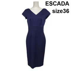 ◇ エスカーダ ESCADA ペンシルワンピース ドレス ミモレ丈 半袖 タイト Vネック 切替 ネイビー ウール混 36 S 7号 レディース S6E453のサムネイル