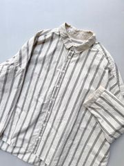 美品✨ ギャザーリネンストライプシャツ INED バンドカラー リボン 