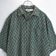 90s  BASIC EDITIONS 幾何学模様 総柄 半袖 レーヨン シャツ トップス ショートスリーブ グリーン ヴィンテージ ビンテージ USA アメリカ古着 USED メンズXL相当