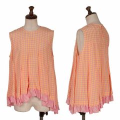 Tricom De Galson Tricot COMME des GARCONS 레이온 헴 전환 깅엄 체크 민소매 플레어 블라우스 핑크 노란색 S