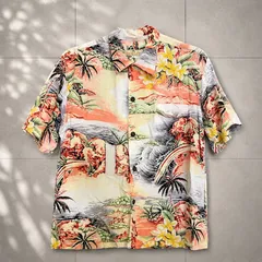 【Y-816】Pineapple Juice パイナップルジュース アロハシャツ ハワイアンシャツ 総柄 花柄 ヤシの木 開襟 USA古着 L相当のサムネイル