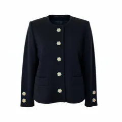 Ee26 YVES SAINT LAURENT イヴサンローラン ビジューボタン ノーカラー ニットジャケット サイズL ブラック ウール100％ レディース 女性服u02tのサムネイル