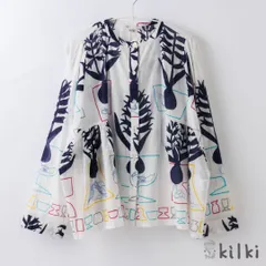 KILKI キルキー シャツ ブラウス ヒヤシンス 長袖 レディース 襟なし ホワイト 綿100 袖 フリル 春 夏 ゆったり 通気性 植物 デザイン 柄 レトロ かわいい おしゃれ 大人 ハンドメイド ギフト プレゼント ホワイト 6S-B06 Kl020のサムネイル