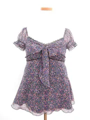 プライベートレーベル Private label カットソー 半袖 パフスリーブ リボン レース フリル シースルー 小花柄 シフォン M 紫 パープル /☆yのサムネイル