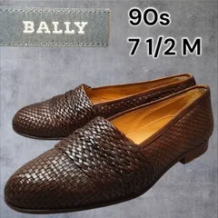 1990s BALLY イタリア製極上美品 高級本革メンズ編み込み イントレチャート レザーローファー 紳士靴 革靴 スリッポン 茶 ダークブラウン ビジネスドレス カジュアル 希少ヴィンテージ BOLL vintage shoes 25.5cm相当のサムネイル