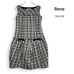 ルネ36美品ブローチ付ボーダーワンピース春夏ノースリーブ紺デニム白