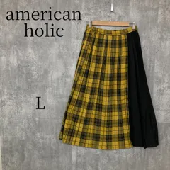 AMERICAN HOLIC アメリカンホリック アメホリ プリーツ ロングスカート 異素材 切替 チェック柄 イエロー 黄色 黒 ブラック ウエストゴム ゆったり Lサイズのサムネイル