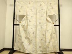 訪問着 単衣 ベージュ系 丸花文様 身丈166cm トールサイズ 上品 正絹 