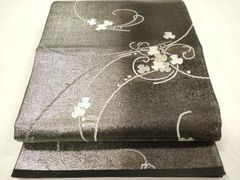463 【新品未使用未仕立て】西陣織 正絹 全通 袋帯 黒地小花更紗模様 