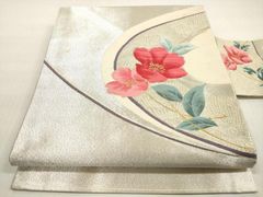 MO-3705 作り帯 付け帯 ワンタッチ帯 名古屋帯 刺繍 花模様 銀色 