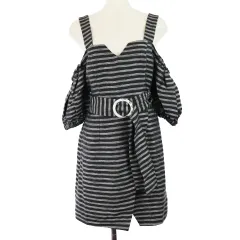 カメオコレクティブ CAMEO COLLECTIVE ワンピース ミニ 半袖 オフショルダー ジップアップ ボーダー ベルト リネン 麻 S 黒 ブラック 白 ホワイト /M2Oのサムネイル