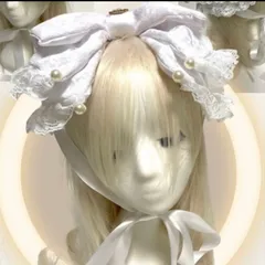 上品パール＆レースのホワイトリボンヘッドドレス（ハンドメイド）