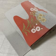 ZF-1386 名古屋帯 総柄 九寸 正絹 花柄 お洒落 銀箔 水色 可愛い