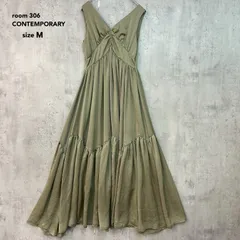 room 306 CONTEMPORARY ルームサンマルロクコンテンポラリー M ノースリーブ ティアード ワンピース ロング マキシ 丈 Vネック ギャザー フレア Aライン サテン 風 光沢 グリーン カシュクール風 オシャレ ★ ■◆のサムネイル