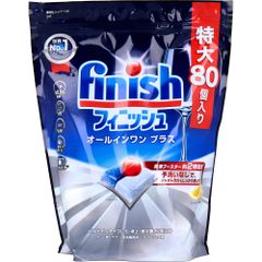 5-star Finish All-in-One Plus Dishwasher Tablet Detergent, Fresh Citrus Scent, 80 tablets. Quickly dissolves (compared to All-in-One) with a triple formula!